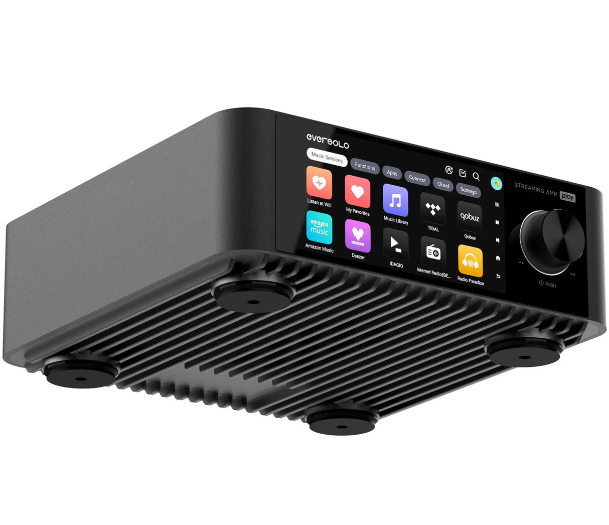 EverSolo Play, viskas viename išmanus stereo stiprintuvas 2x110W, HDMI ARC - Guminės kojelės ir aušinimo grotelės apačioje
