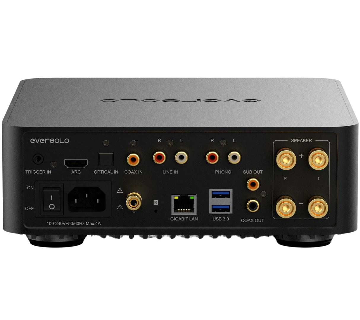 EverSolo Play, viskas viename išmanus stereo stiprintuvas 2x110W, HDMI ARC - galinė panelė su jungtimis ir HDMI ARC