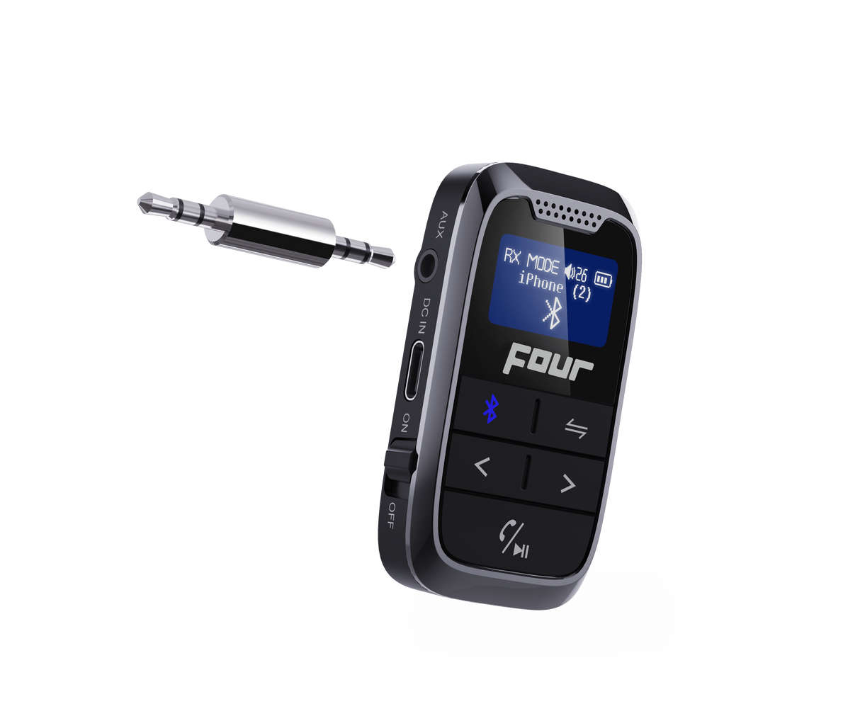 FOUR 2-IN-1 Bluetooth siųstuvas ir imtuvas - priekinė panelė su ekrano ir mygtukais