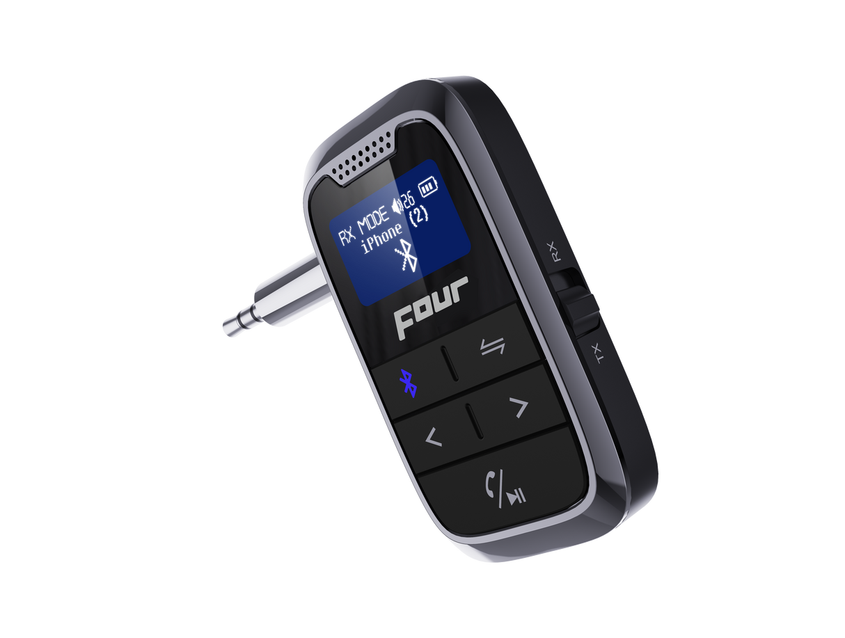 FOUR 2-IN-1 Bluetooth siųstuvas ir imtuvas - Šoninis vaizdas su jungikliu ir mygtukais