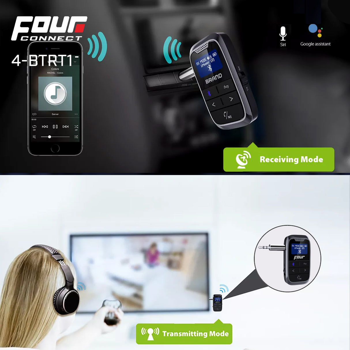 FOUR 2-IN-1 Bluetooth siųstuvas ir imtuvas - Šoninis vaizdas su jungtimi ir mygtukais
