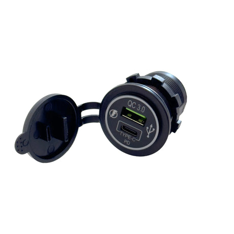 FOUR Connect 4-600153 vandeniui atsparus USB lizdas 12/24V - Atidarytas dangtelis su USB-C ir USB-A lizdais