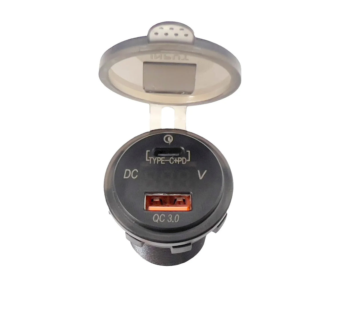 FOUR Connect 4-600162 vandeniui atsparus USB įkroviklis su įtampos rodmeniu - atidarytas dangtelis su ekranėliu ir jungtimis