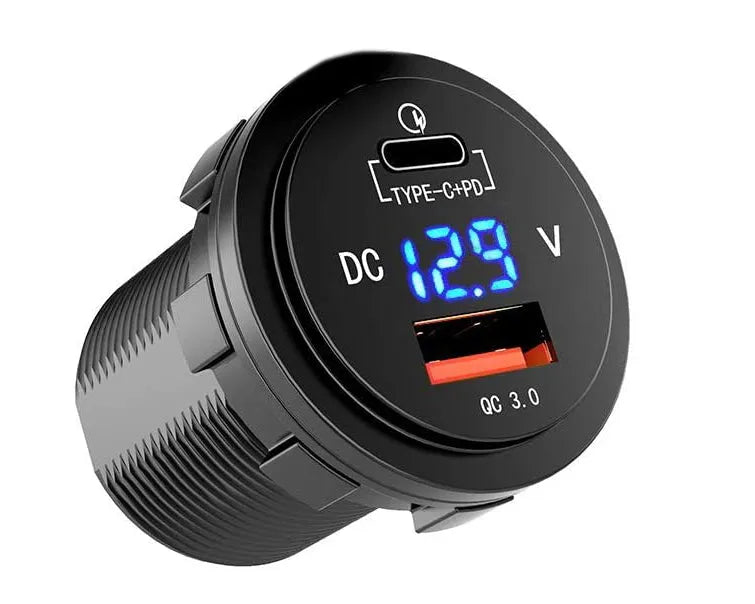 FOUR Connect 4-600162 vandeniui atsparus USB įkroviklis su įtampos rodmeniu - įtampos rodmuo su USB-C ir USB-A jungtimis