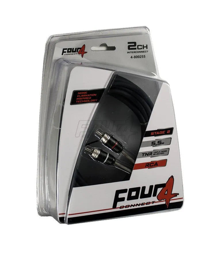 FOUR Connect 4-800255 STAGE2 RCA-laidas 5.5m - detalus vaizdas su pakuote ir RCA jungtimis