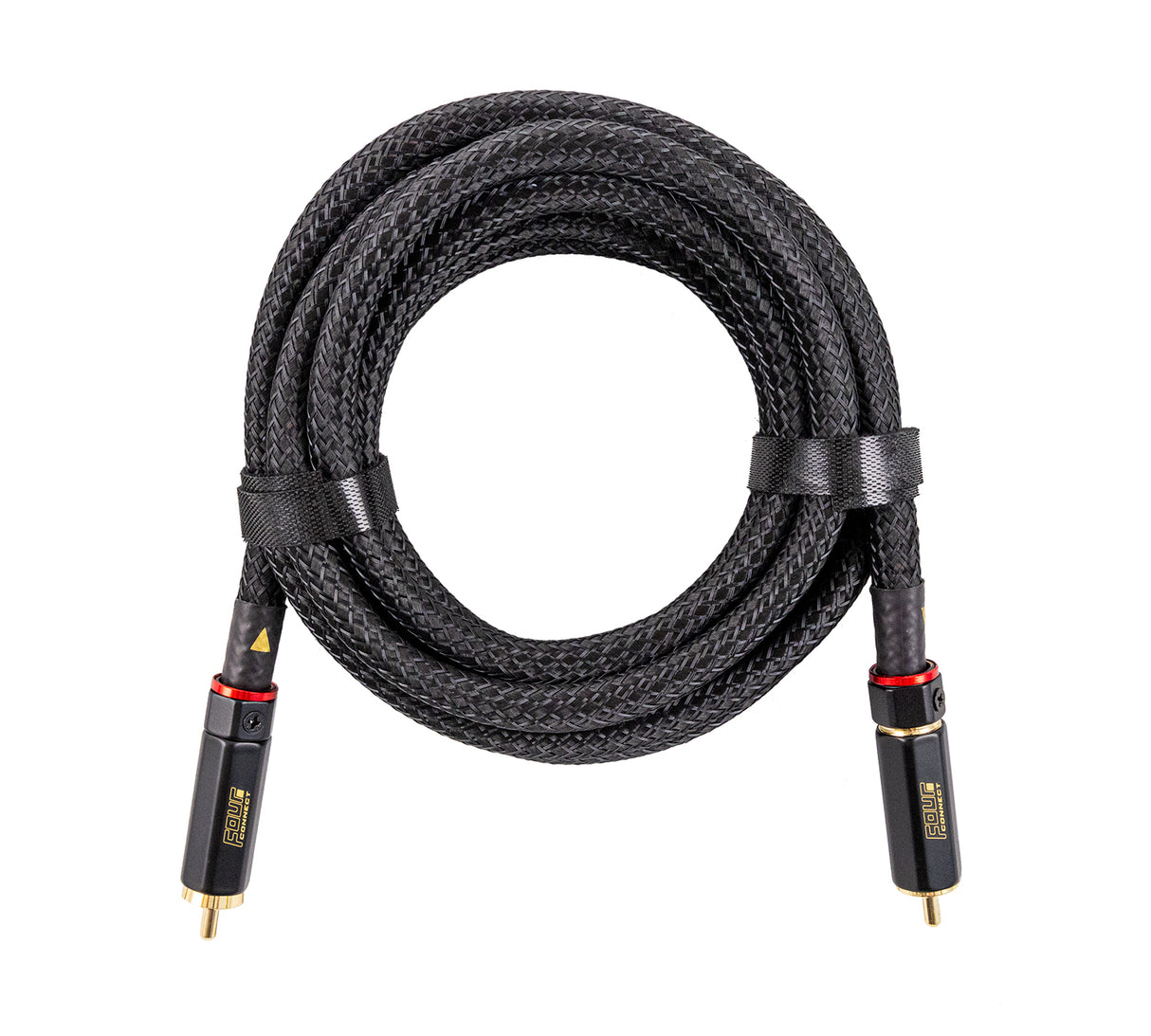 FOUR Connect SOLO 2,5m RCA kabelis - detalus jungčių vaizdas su logotipu