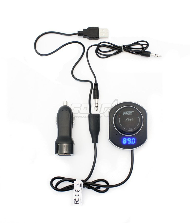 FOUR Mobile 4-FMTBT2 FM siųstuvas Bluetooth V4.2 - visos jungtys ir laidai išdėstyti ant baltos drobės