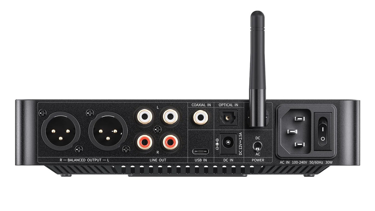 FiiO K13 R2R, ausinių stiprintuvas su DAC - Galinė panelė su daugybe jungčių ir antena