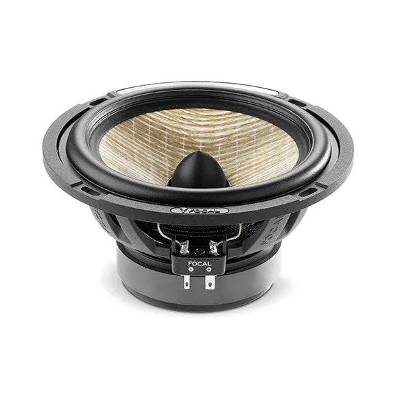 Focal PS 165 FXE, komponentiniai garsiakalbiai 160W (FLAX EVO) - garsiakalbio jungtys ir logotipai iš arti