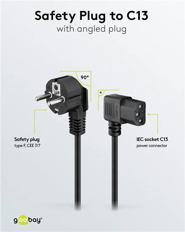 Goobay Angled IEC Cord, maitinimo laidas su kampinėmis jungtimis, 3 m - kampinės jungtys ir laidai su žymėjimais