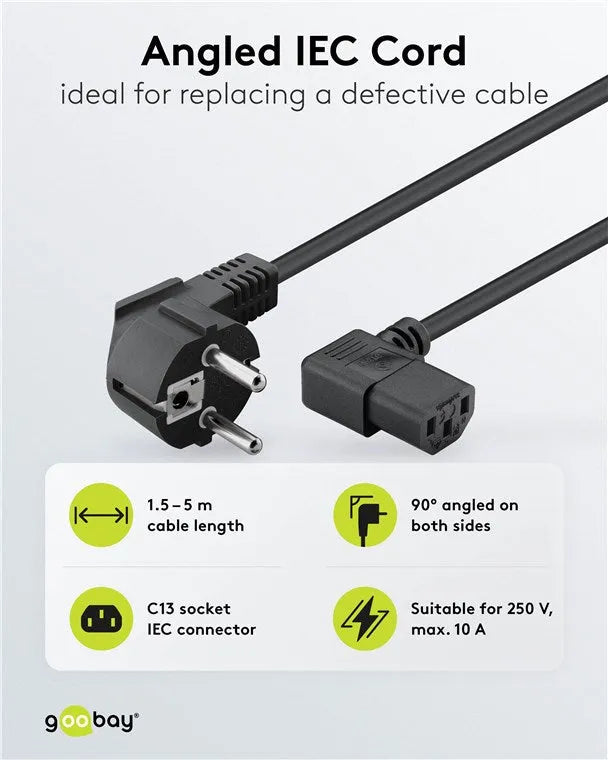 Goobay Angled IEC Cord, maitinimo laidas su kampinėmis jungtimis, 3 m - kampinės jungtys iš abiejų pusių