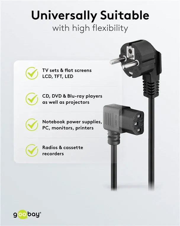Goobay Angled IEC Cord, maitinimo laidas su kampinėmis jungtimis, 3 m - kampinė IEC jungtis ir kištukas