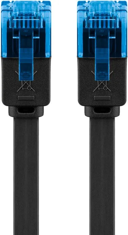 Goobay CAT 6A Flat Patch Cable U/UTP, (0.5 m.) plokščias tinklo kabeli - du mėlyni jungtys su juodu kabeliu