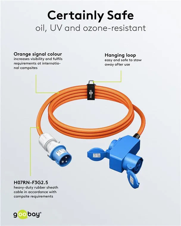 Goobay CEE Adapter Cable, maitinimo kabelis lauko erdvėms, 90°, 16 A, - Mėlynas kištukinis lizdas su dangteliais