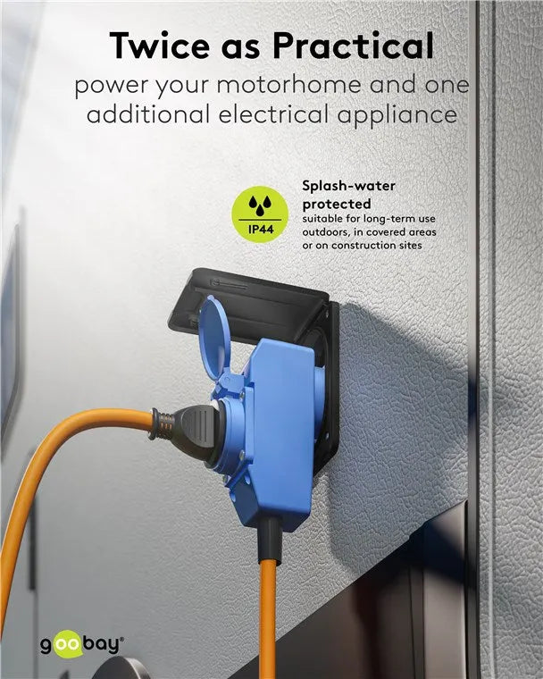 Goobay CEE Adapter Cable, maitinimo kabelis lauko erdvėms, 90°, 16 A, - Mėlynas adapteris su atverčiamu dangteliu