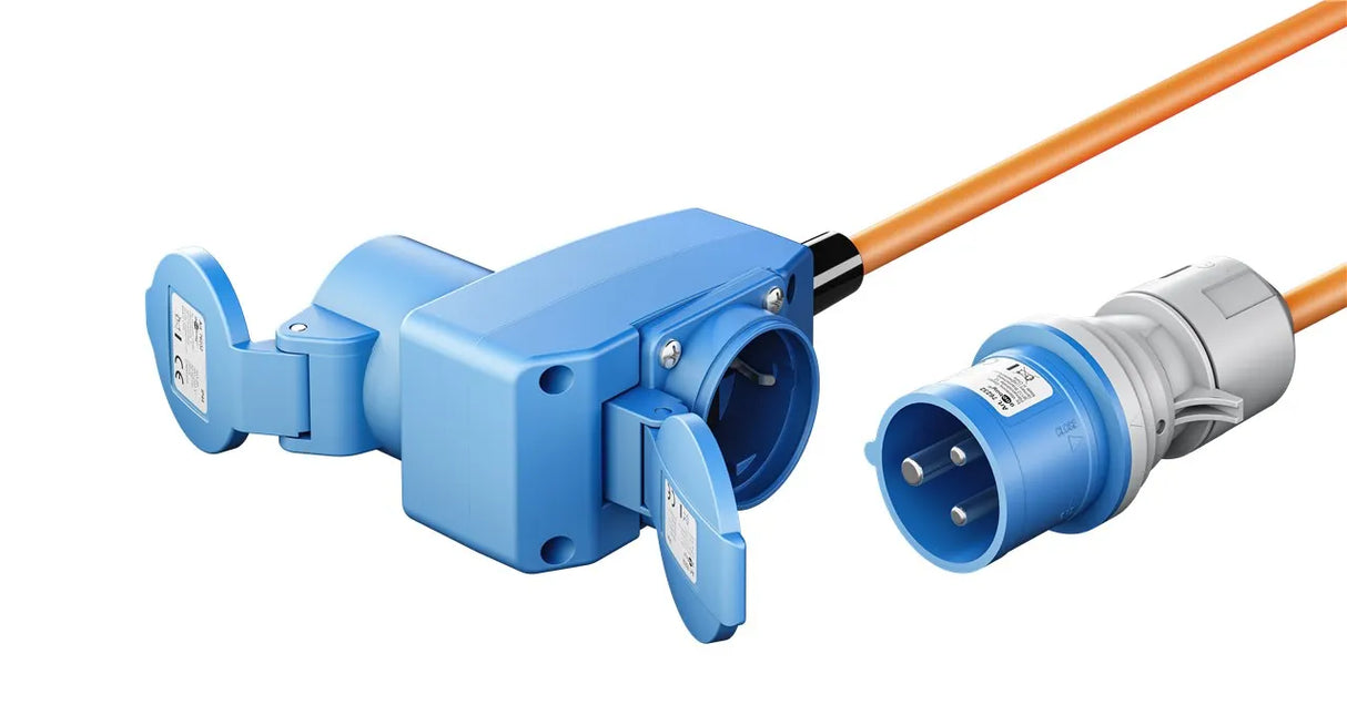 Goobay CEE Adapter Cable, maitinimo kabelis lauko erdvėms, 90°, 16 A, - Mėlynas adapteris su atidarytais dangteliais