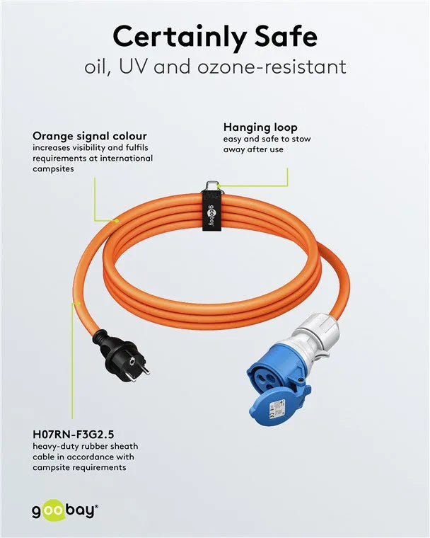Goobay CEE Adapter Cable, maitinimo kabelis lauko erdvėms, (Type E/F), - Oranžinis laidas su mėlynu kištuku