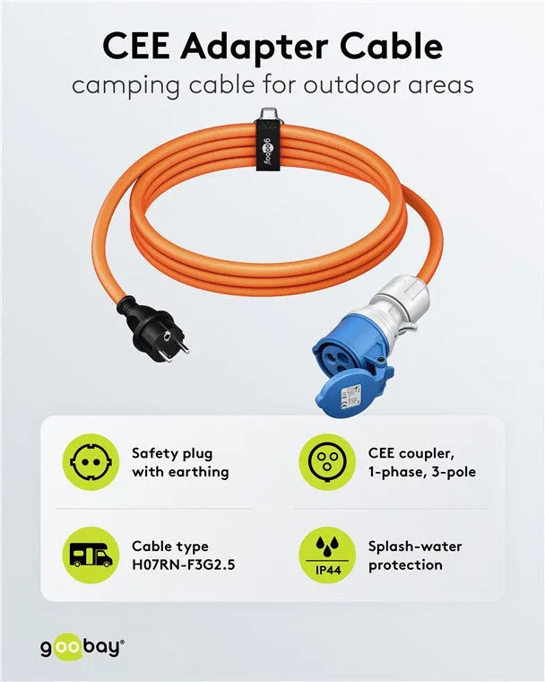 Goobay CEE Adapter Cable, maitinimo kabelis lauko erdvėms, (Type E/F), - CEE jungtis su dangteliu ir apsauga