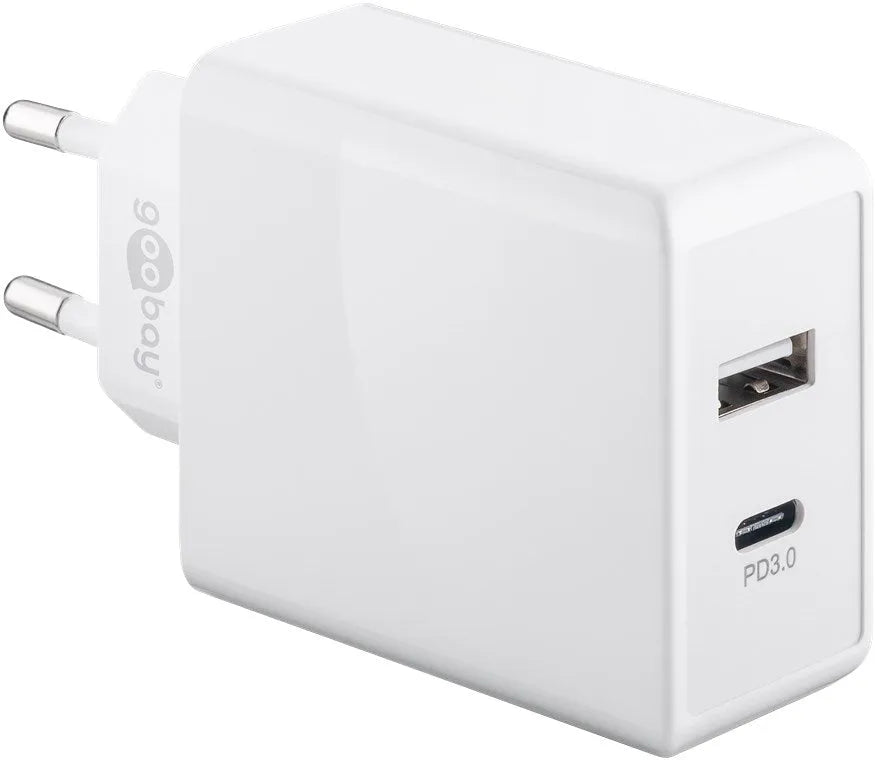 Goobay Dual USB-C™ PD, greito įkrovimo krovilis - šoninis vaizdas su USB ir USB-C jungtimis
