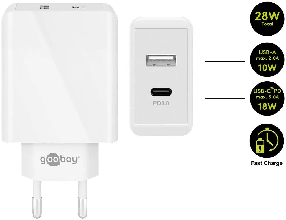 Goobay Dual USB-C™ PD, greito įkrovimo krovilis - du USB-C prievadai ir greito įkrovimo simbolis