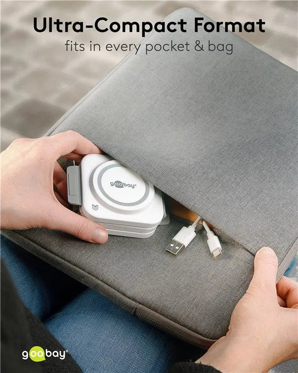 Goobay Foldable 3in1, įkrovimo stotelė telefonui, laikrodžiui ir ausinėms - Įkroviklis dedamas į dėklą su laidais
