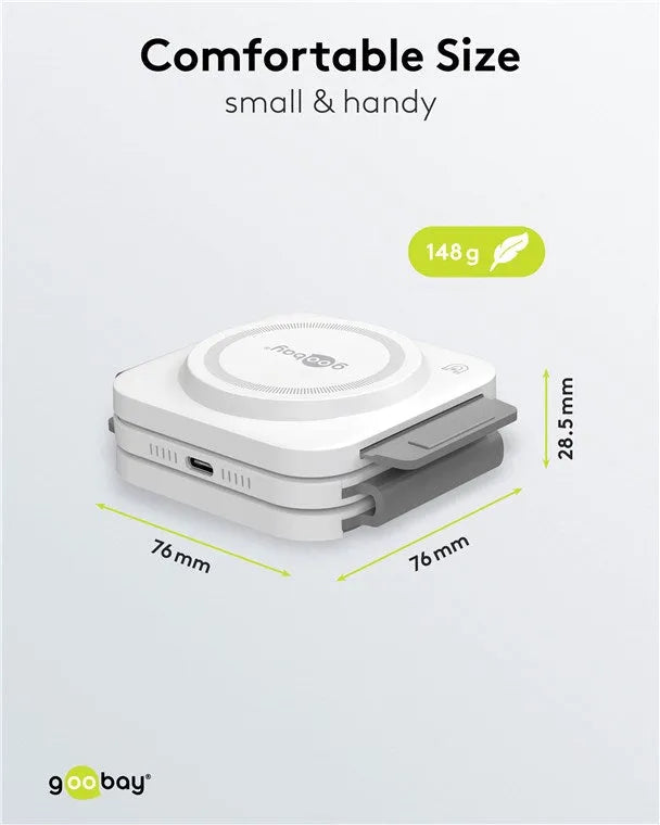 Goobay Foldable 3in1, įkrovimo stotelė telefonui, laikrodžiui ir ausinėms - matmenys ir svoris, USB-C jungtis