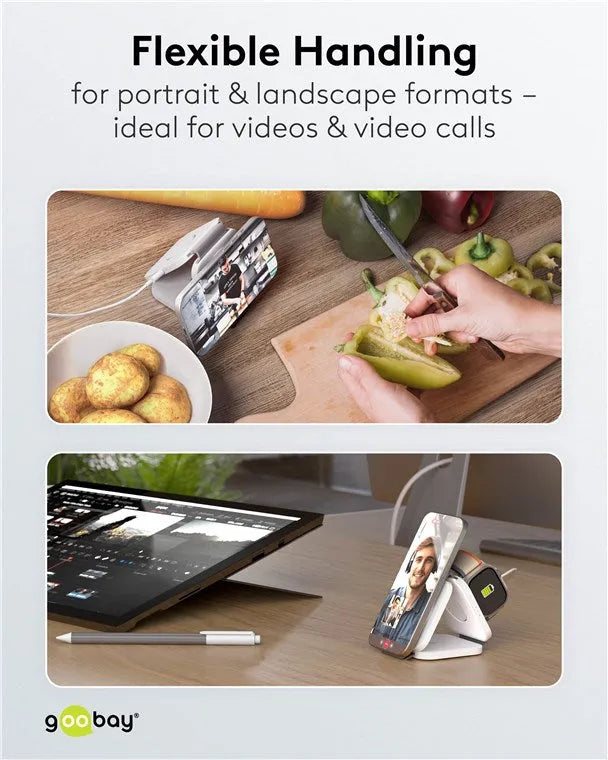 Goobay Foldable 3in1, įkrovimo stotelė telefonui, laikrodžiui ir ausinėms - stovas su telefonu ir laikrodžiu