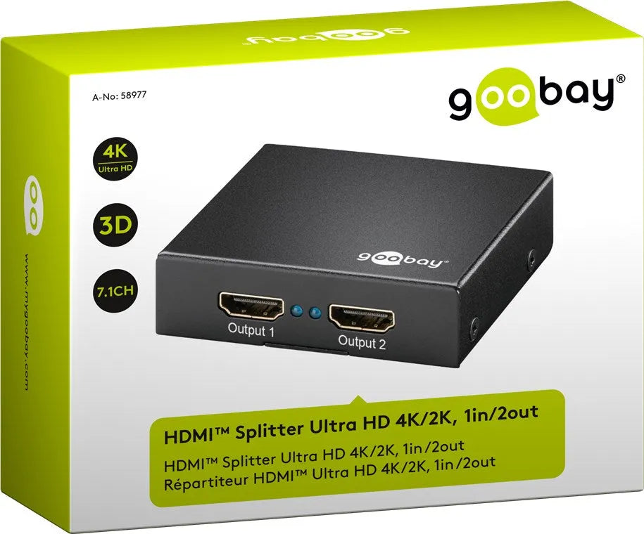 Goobay HDMI™ Splitter, HDMI dalintuvas (1/2) - priekinė panelė su HDMI jungtimis ir indikatoriais
