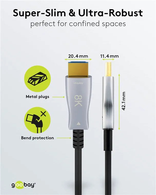 Goobay Optical Hybrid Ultra High Speed HDMI, optinis hibridinis kabelis 40m - jungčių matmenys ir apsauga nuo lūžio
