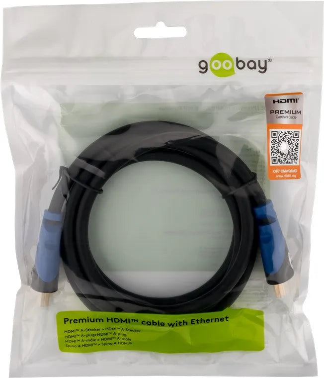 Goobay Premium High Speed HDMI 5m , 5 m HDMI kabelis - Pakuotė su HDMI kabeliu ir sertifikavimo lipduku