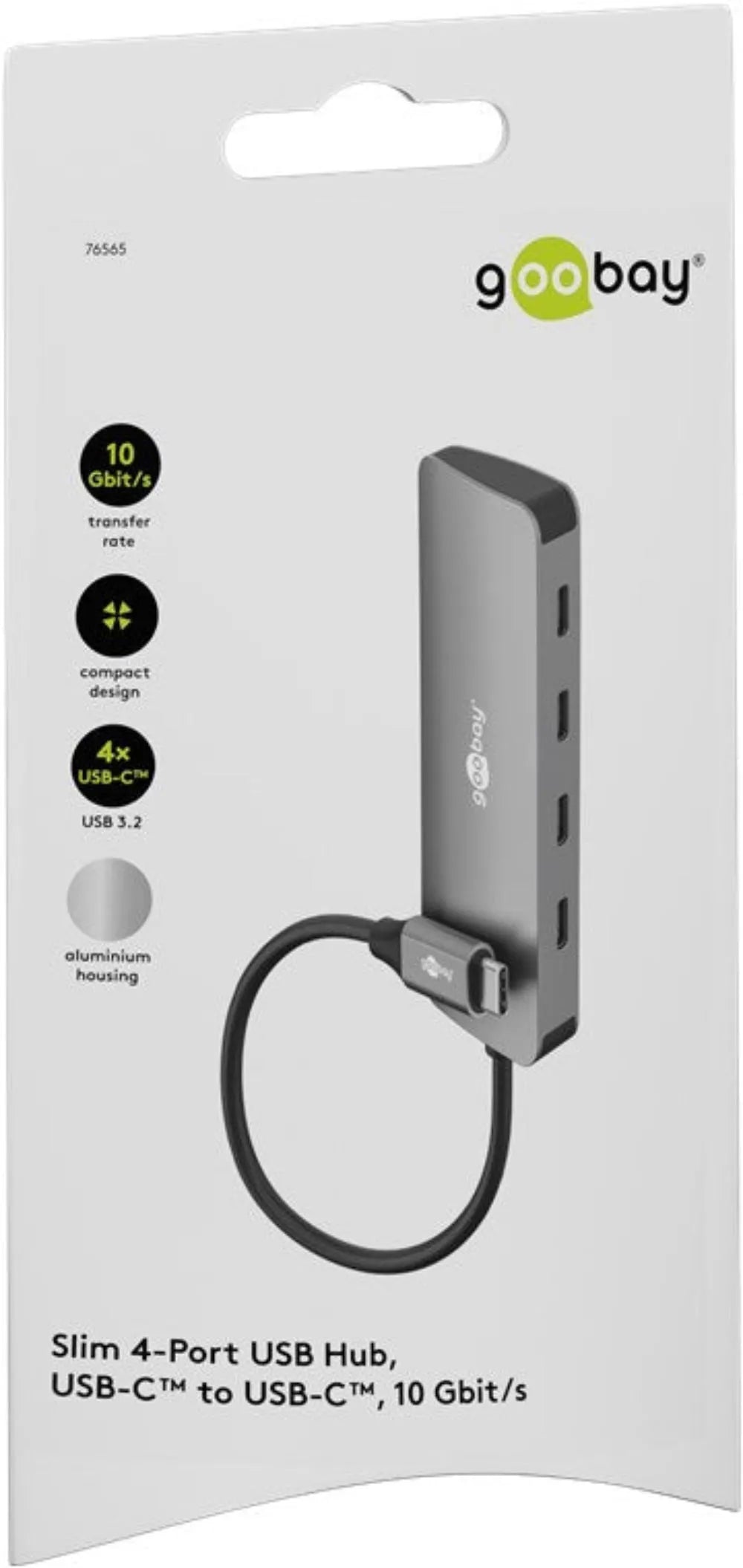 Goobay Slim 4-Port USB Hub, šakotuvas su 4 USB-C jungtimis (10 Gbit/s) - Pakuotės dizainas su produkto aprašymu
