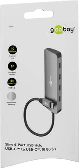 Goobay Slim 4-Port USB Hub, šakotuvas su 4 USB-C jungtimis (10 Gbit/s) - Pakuotės dizainas su produkto aprašymu