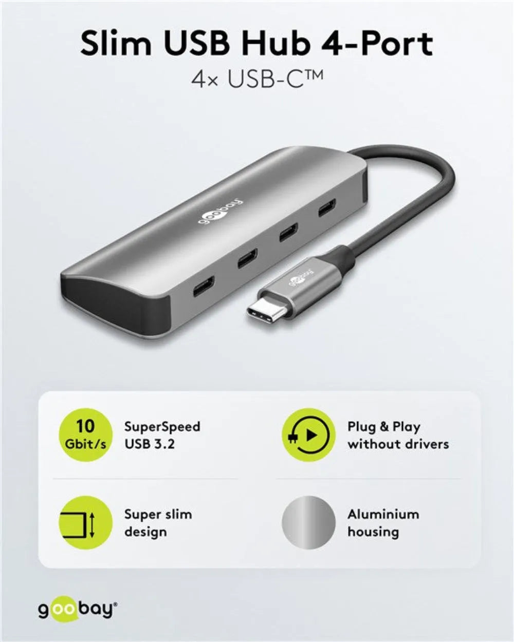 Goobay Slim 4-Port USB Hub, šakotuvas su 4 USB-C jungtimis (10 Gbit/s) - Šoninis vaizdas su USB-C jungtimis