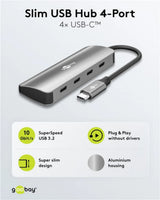 Goobay Slim 4-Port USB Hub, šakotuvas su 4 USB-C jungtimis (10 Gbit/s) - Šoninis vaizdas su USB-C jungtimis