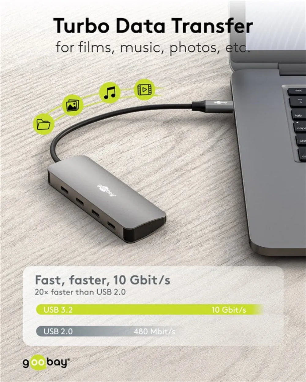 Goobay Slim 4-Port USB Hub, šakotuvas su 4 USB-C jungtimis (10 Gbit/s) - Ant viršaus matomas logotipas Goobay