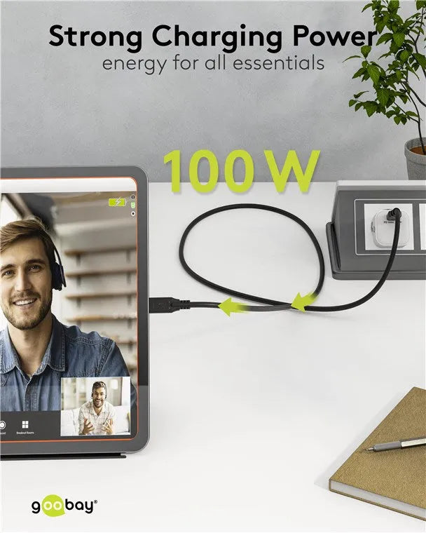 Goobay USB-C greito įkrovimo kabelis 0.5 m, 100 W PD, USB 3.2, 10 Gbit/s - Įkrovimo laidas prijungtas prie planšetės