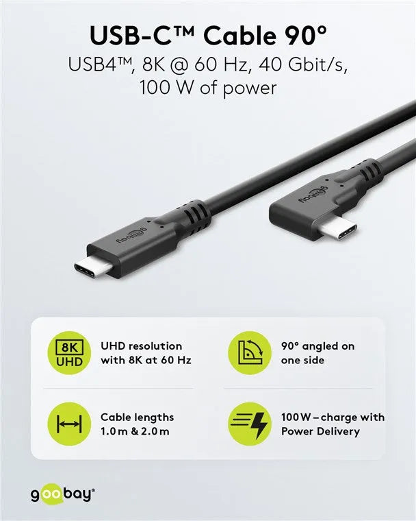 Goobay USB-C, greito įkrovimo kabelis 2 m, 100 W PD, USB4, 40 Gbit/s, 90°