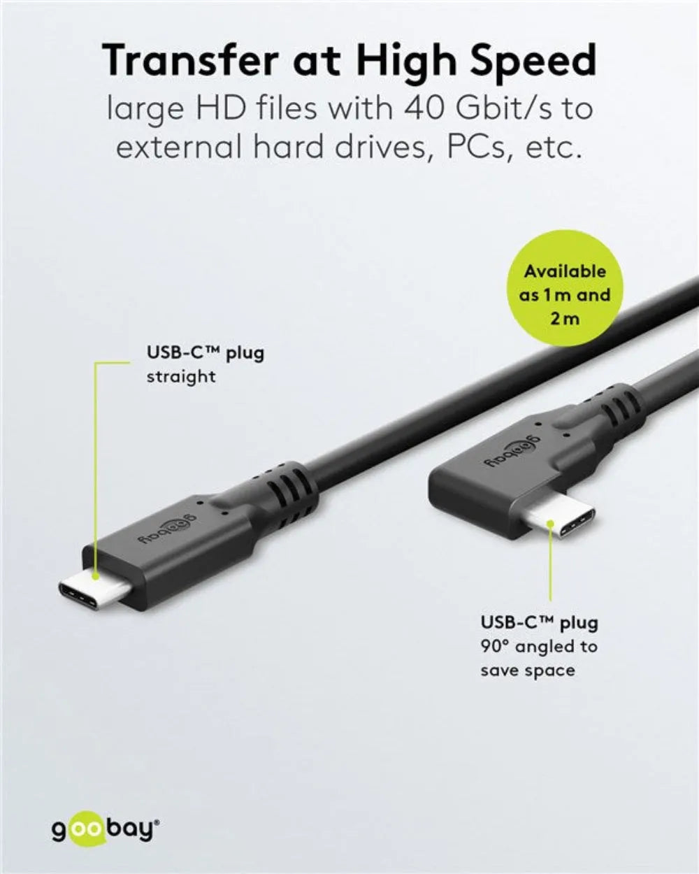 Goobay USB-C, greito įkrovimo kabelis 2 m, 100 W PD, USB4, 40 Gbit/s, 90°