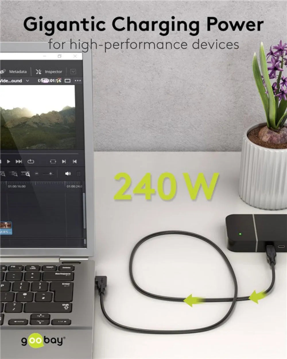 Goobay USB-C, greito įkrovimo kabelis 2 m, 240 W PD, USB4, 40 Gbit/s, 90°