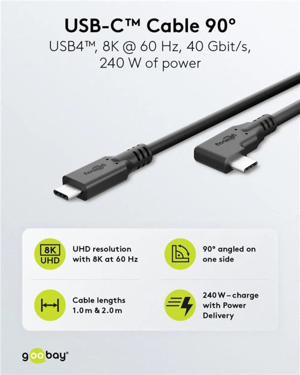 Goobay USB-C, greito įkrovimo kabelis 2 m, 240 W PD, USB4, 40 Gbit/s, 90°