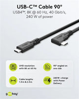 Goobay USB-C, greito įkrovimo kabelis 2 m, 240 W PD, USB4, 40 Gbit/s, 90°
