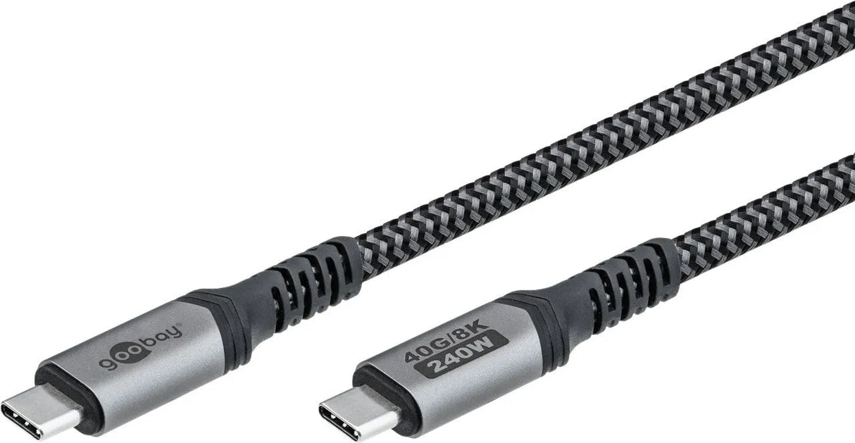 Goobay USB-C į USB-C kabelis, USB4, 1 m, 240 W, 40 Gbit/s, 8K - Juodas ir pilkas pynimas su jungtimis