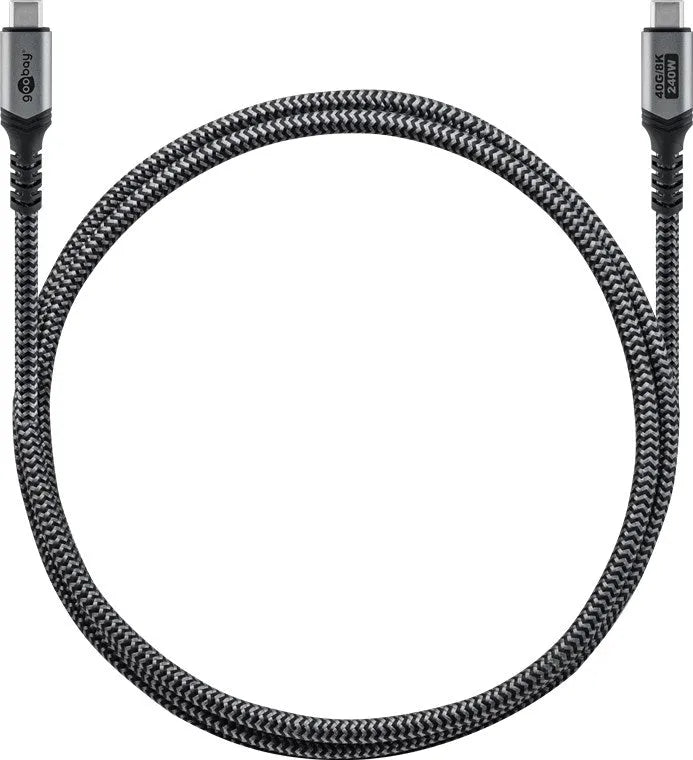 Goobay USB-C į USB-C kabelis, USB4, 1 m, 240 W, 40 Gbit/s, 8K - detalus vaizdas su jungtimis ir užrašais