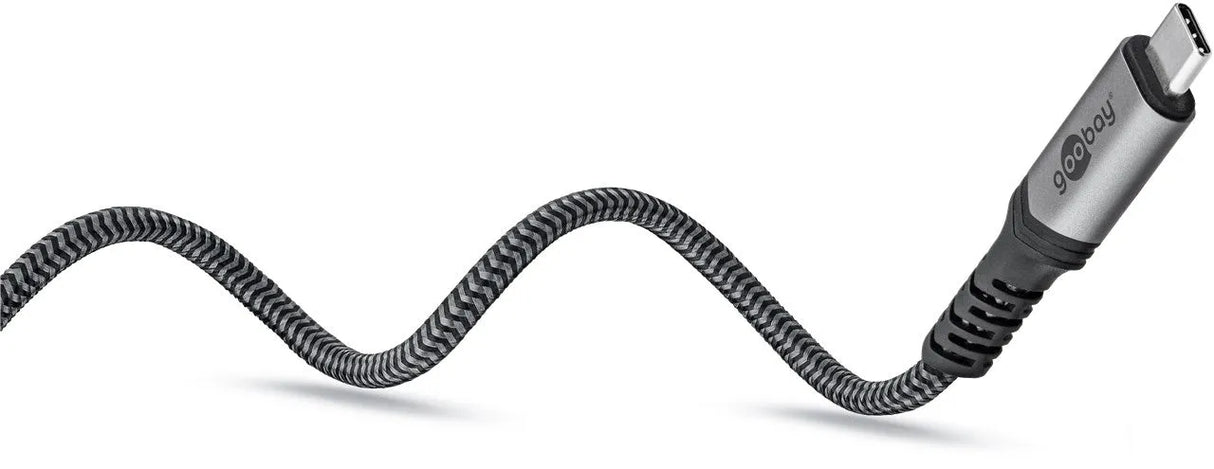 Goobay USB-C į USB-C kabelis, USB4, 1 m, 240 W, 40 Gbit/s, 8K - Šoninis vaizdas su pynimu ir logotipu