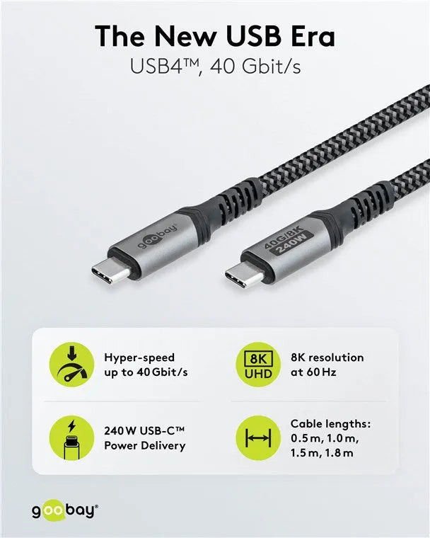 Goobay USB-C į USB-C kabelis, USB4, 1 m, 240 W, 40 Gbit/s, 8K - detalus vaizdas su jungtimis ir specifikacijomis