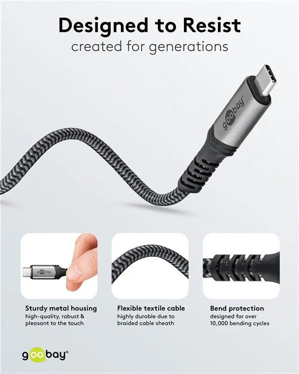 Goobay USB-C į USB-C kabelis, USB4, 1 m, 240 W, 40 Gbit/s, 8K - Trys skirtingi vaizdai su aprašymais