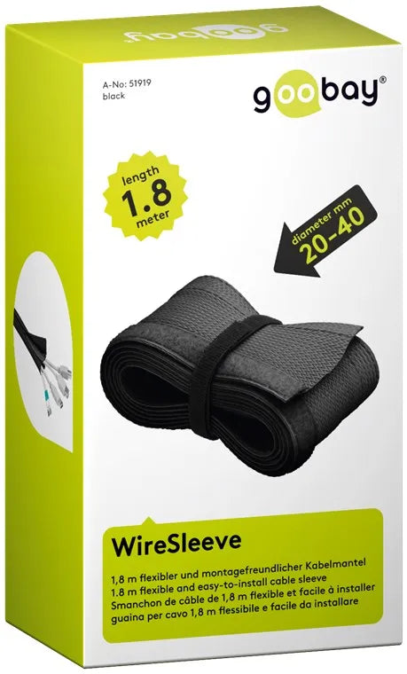 Goobay Wire Sleeve, lanksti ir universali kabelių apsauga, juoda, 1.8m - susuktas kabelių apvalkalas su dirželiu