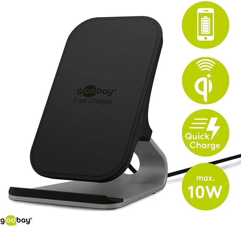 Goobay Wireless Desktop fast charger 10 W, belaidis stalinis įkrovikli - simboliai su užrašais ir galia
