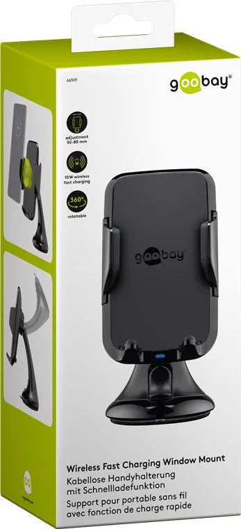 Goobay Wireless vehicle fast charger 10 W, belaidis automobilinis įkro - šoninis vaizdas su instrukcijomis ir pakuote