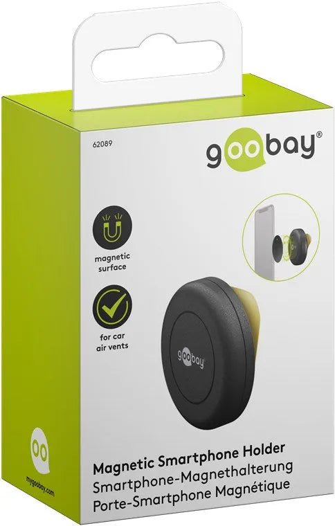 Goobay lipnus magnetinis telefono laikiklis, (Self-Adhesive), 62089 - detalus vaizdas su pakuote ir naudojimo iliustracija